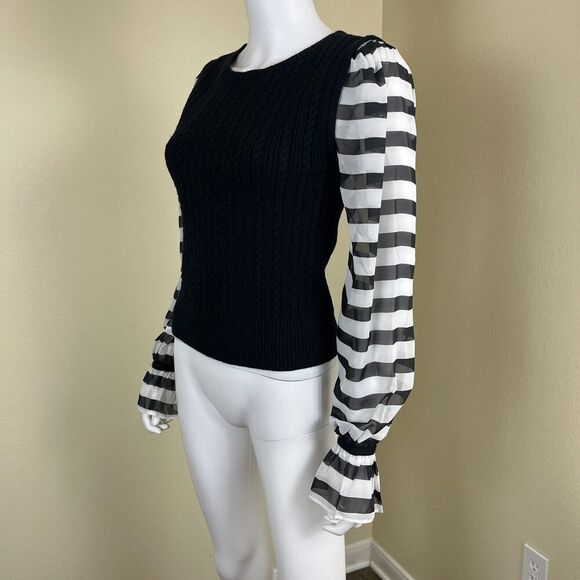 Maeve Women's Size S Black Contrast Sheer Sleeve Cable Knit Striped Sweater Goth - Picture 13 of 16